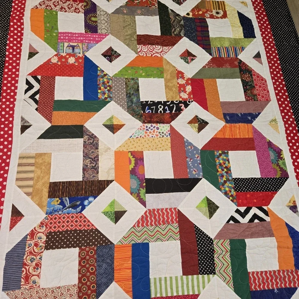 VTG Hand-quilted Scrap Quilt Colorful GrandmaCore CottageCore Double Side Geo
